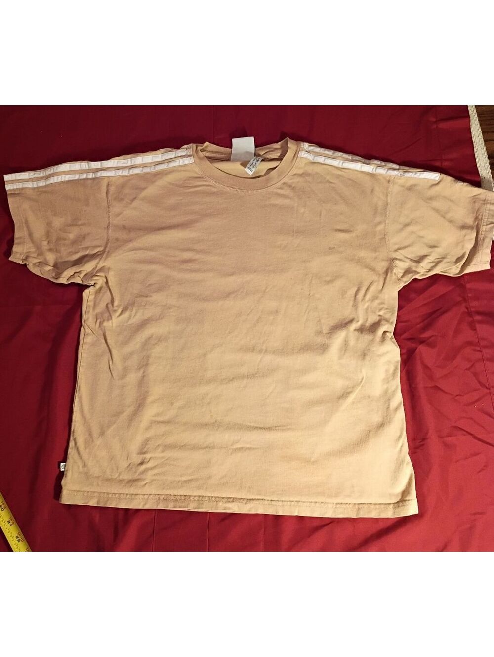 Adidas Beige Short Sleeve T-Shirt with White Stripes on Sleeves